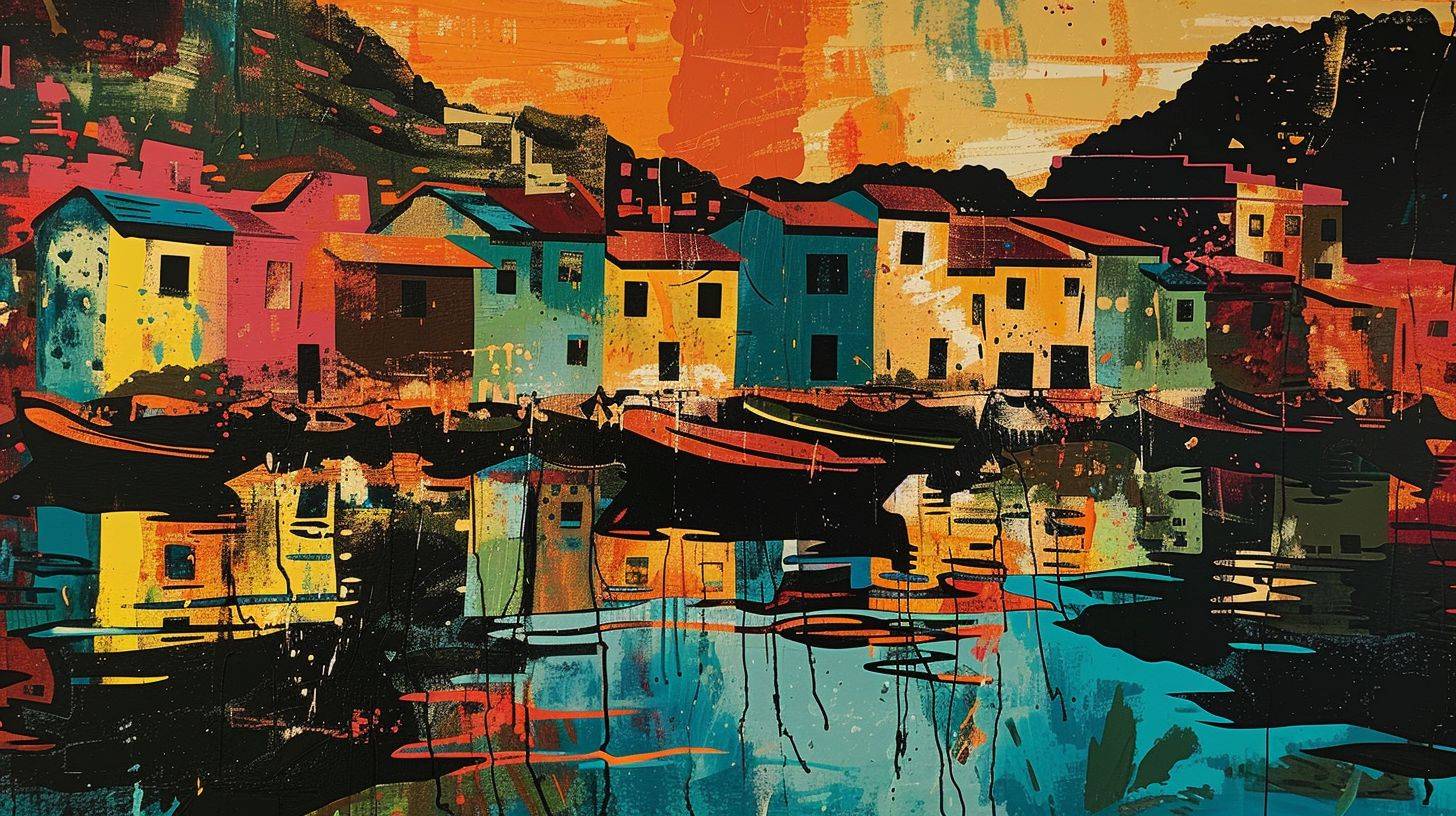 Sunrise at a colorful fishing village by the harbour, rustic afrofuturism, reflections, sgraffito, strong visual flow -- aspect ratio 16:9