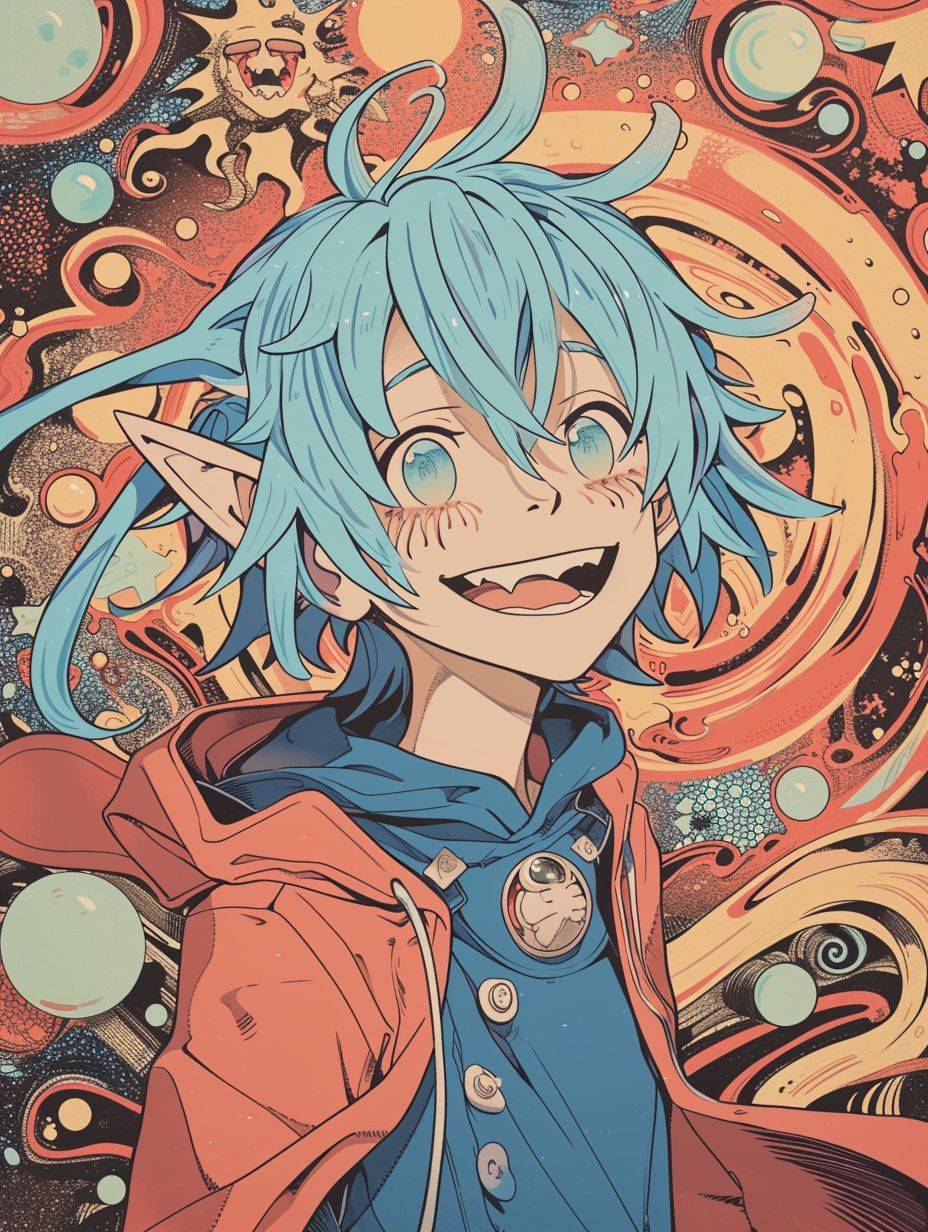 Rimuru as an anime character, smiling, with little fangs, in a kawaii anime style, with nice shading, wearing a costume, with little elf ears, decorative retro art in the background