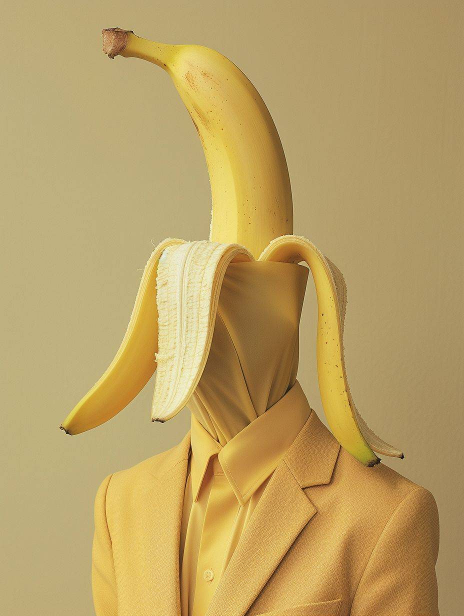 Fine art photography, surreal. A man with an open banana for a head. Odd, unique. In the style of Pauline Gouyard's surrealistic imagery.