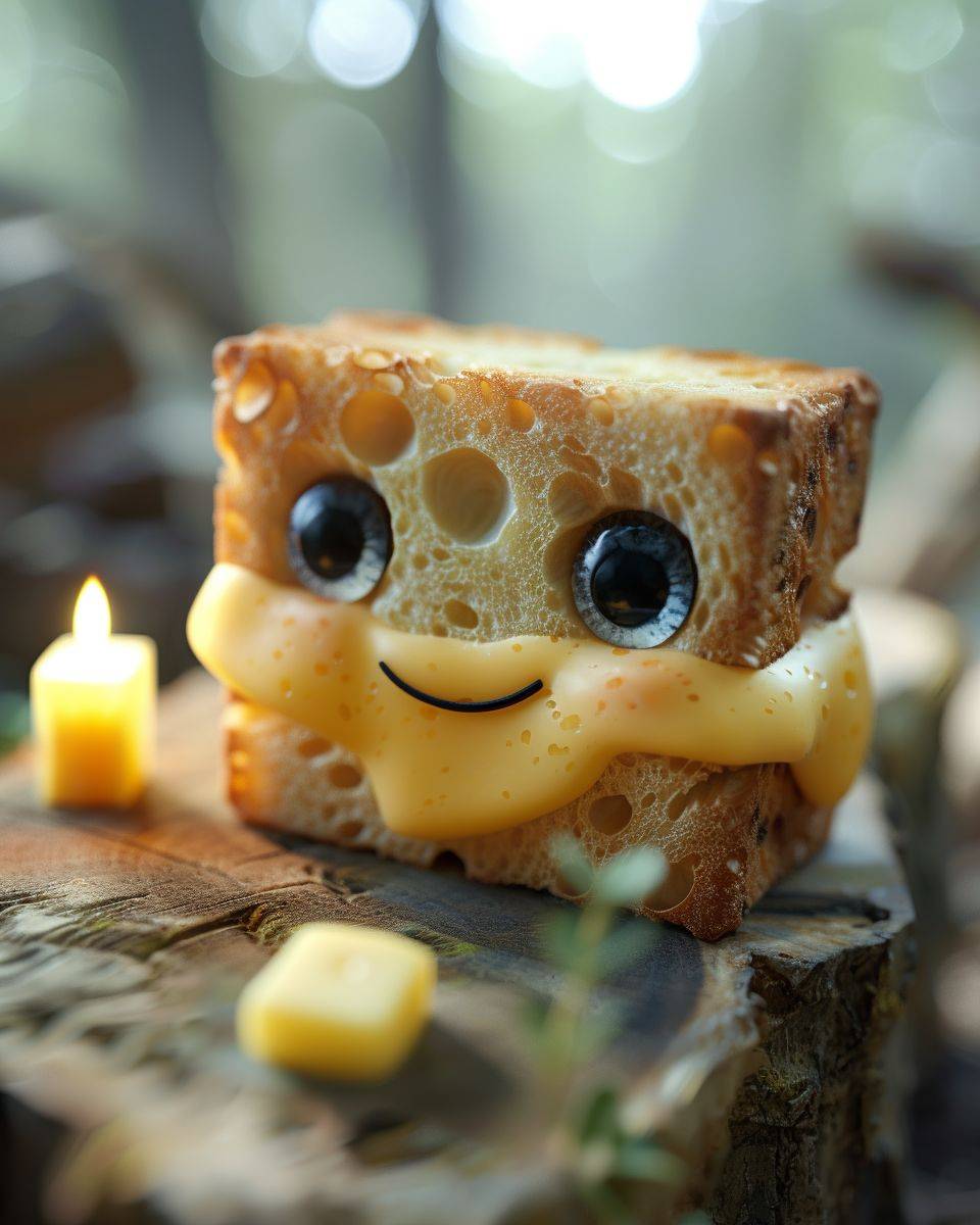 Toast with big blue eyes, made of cheese, cute with a strong happy facial expression, in the style of unreal engine 5, tilt shift, raw style, aspect ratio 4:5, field of view 6, stylize 550