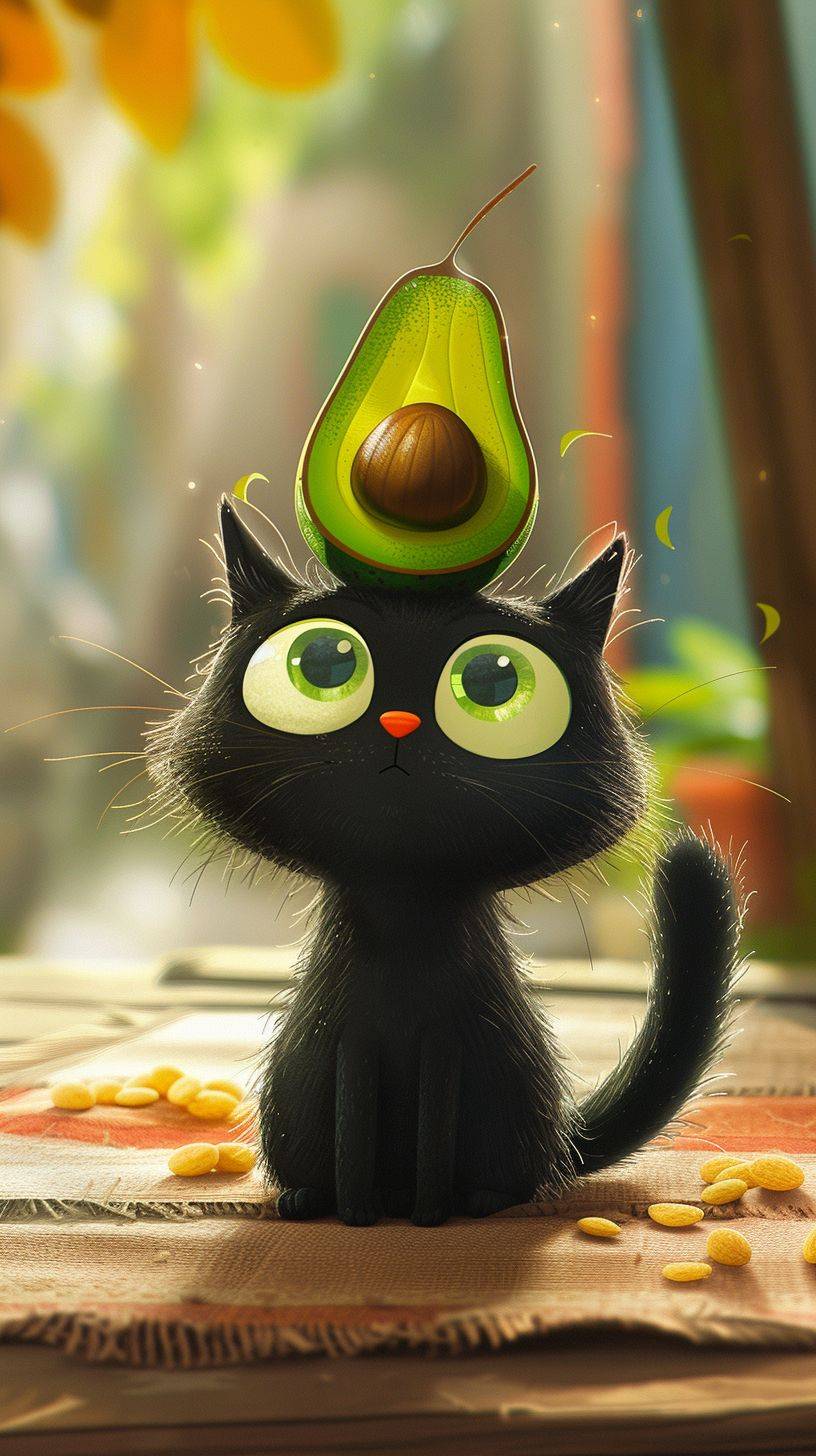 Warm color background board, The little black cat has a huge avocado on its head, wool felt style, Ni Chuanjing hand-painted style, soft picture, This is an animated gif, Vision, Kawaii comics, children's picture books, Outlined with thick black lines, close up, Warm color palette, Cartoon innocent drawing, 2d style, rough edges, Hand Painted, low saturation, Bright colors, Fried hair, Featuring focus stacking, and whimsical animations, All of these are in 2D format, The award-winning --ar 9:16 --v 6