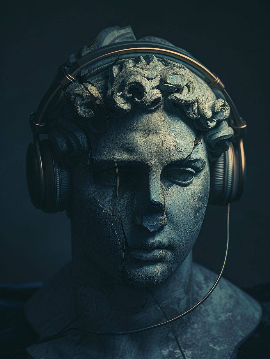 3D, Greek statue head, wearing headphones, broken, dark, cinematic lighting