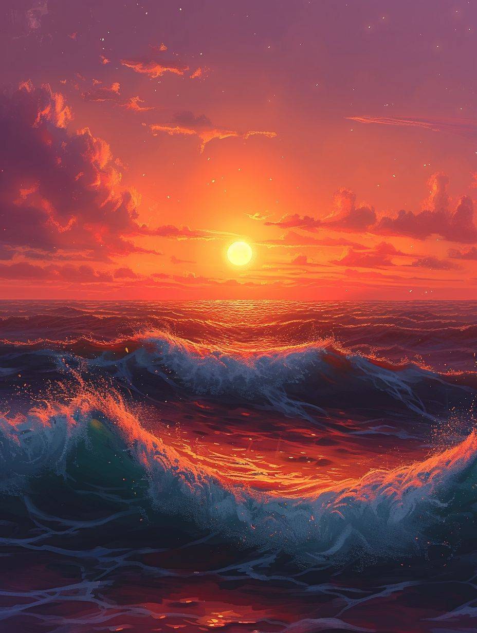 The golden sun sets on the horizon, casting its fiery glow over the rolling waves of the ocean, Alena Aenami style