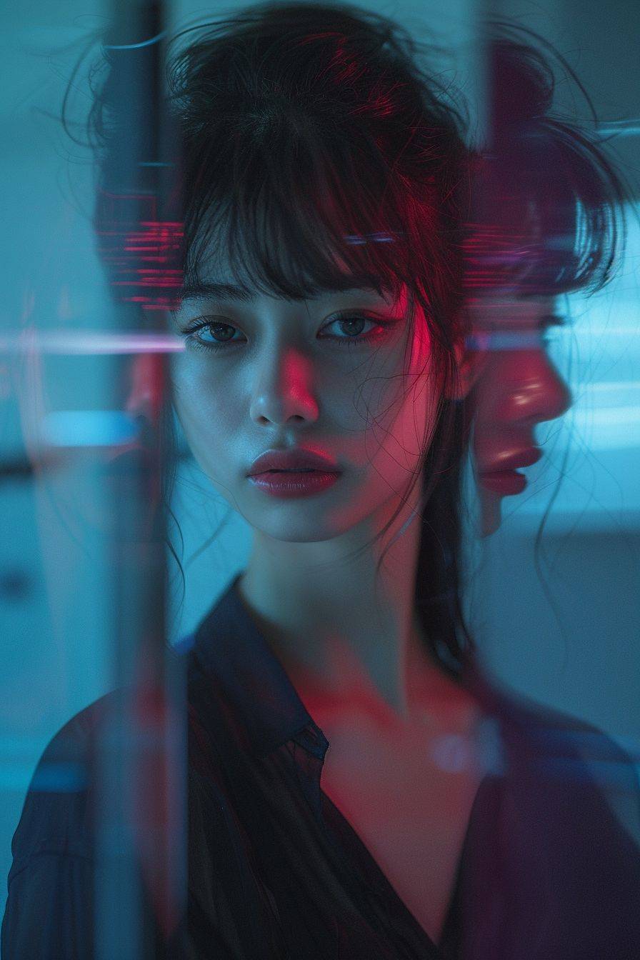 Stealth photo of a Japanese Z generation actress Unnoticed Reflection, full body, Nana Komatsu Style, social media portraiture, rendered in Cinema4D, optical, outrun --ar 2:3