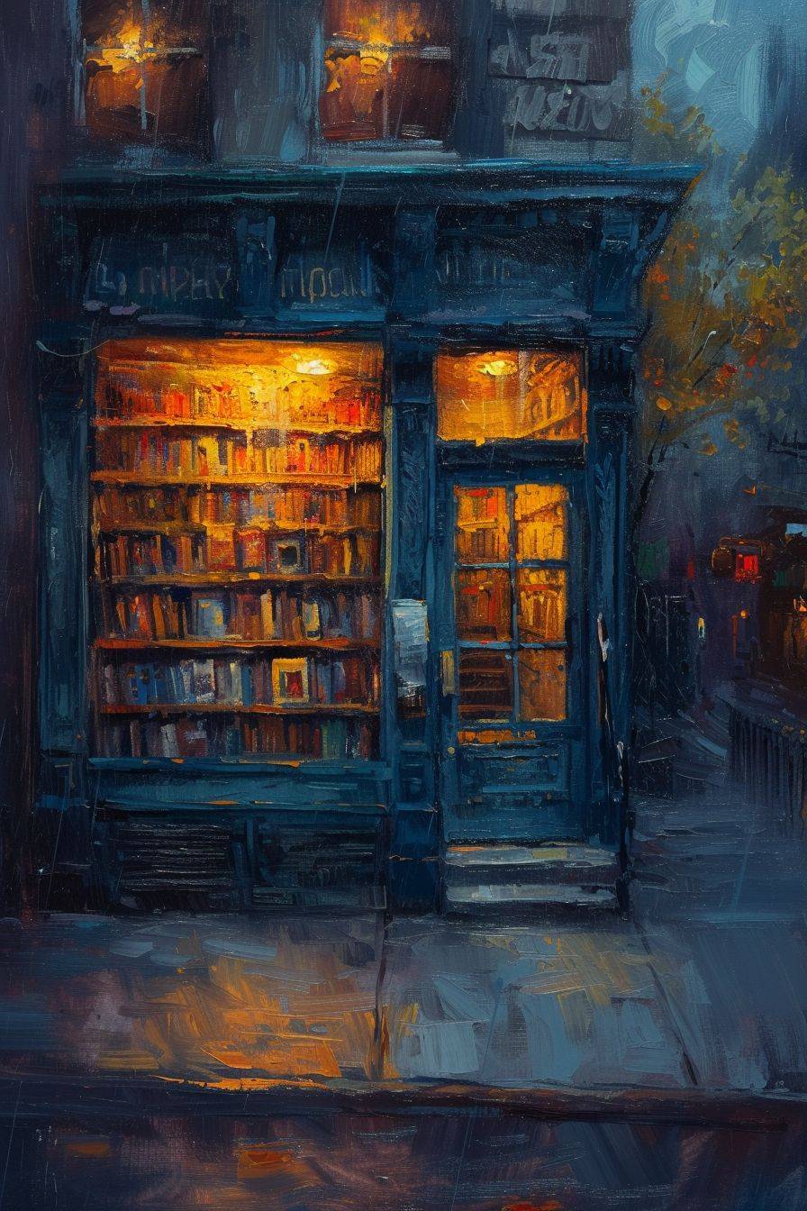 A cute little bookshop in New York in the evening, painted in oil on canvas, with deep moody lighting and intense brushstrokes. Cool colors with bold warm yellow highlights, adding contrast and depth.