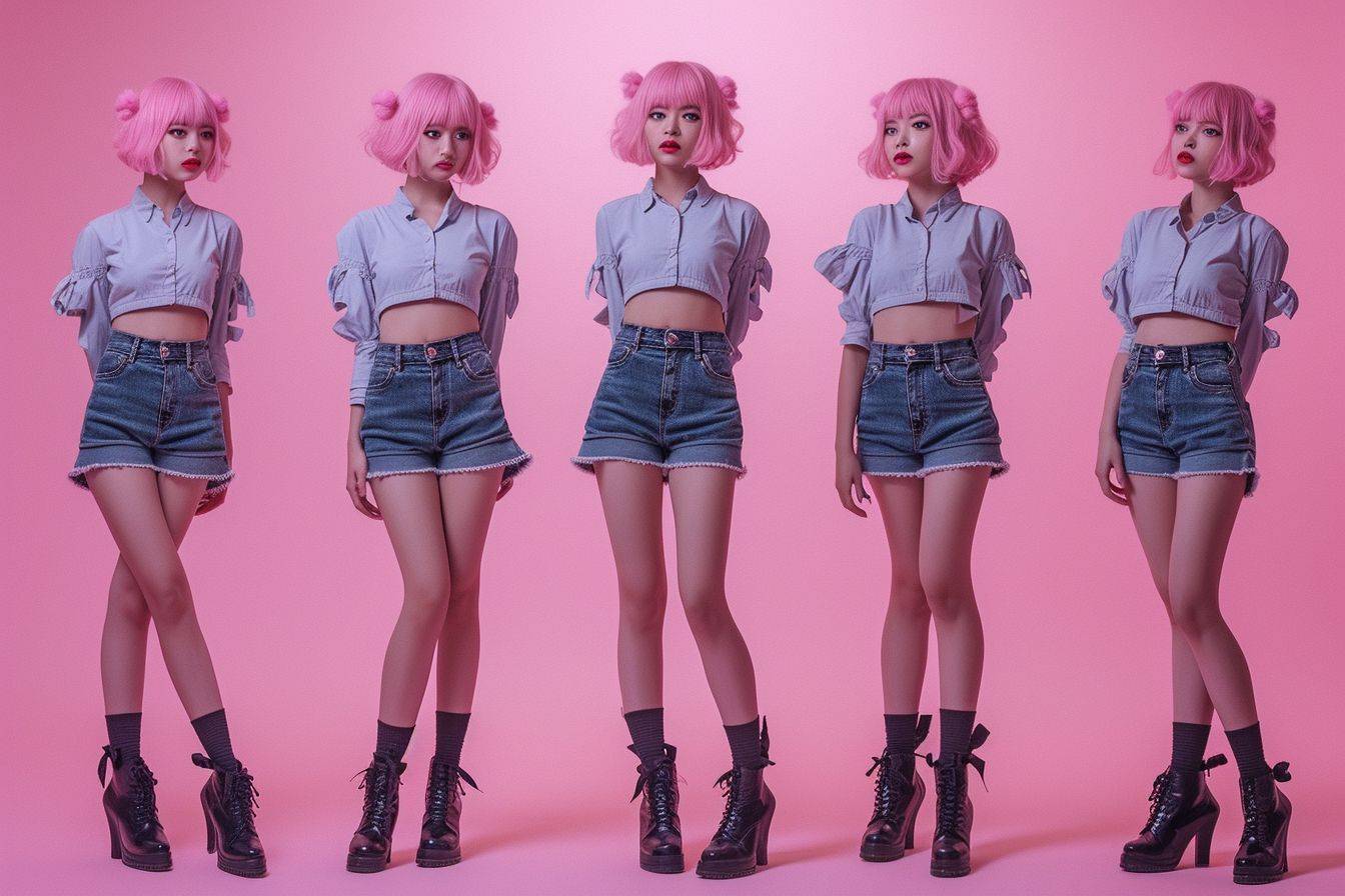 Full body turnaround, 5 shots of a woman from multiple angles, different expressions, wearing different high fashion short clothes, pink hair, highly detailed photo --v 6.0 --ar 3:2