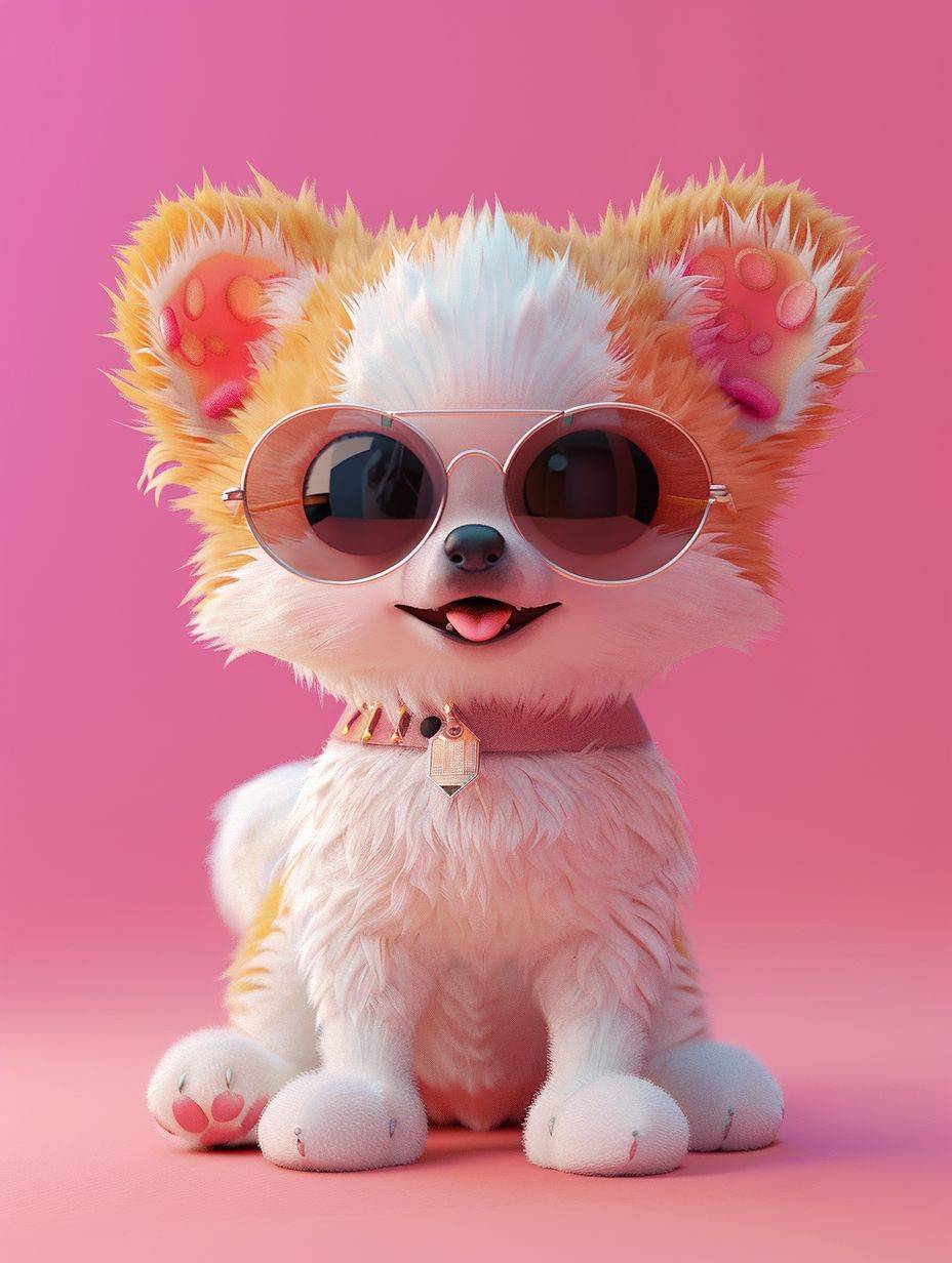 3D C4D NFT Blender, Chibi, Pop Mart, anthropomorphism, character IP, puppy wearing sunglasses is very cool, puppy has a sense of technology and intelligence, dressing should not be very complicated, no background, award-winning works