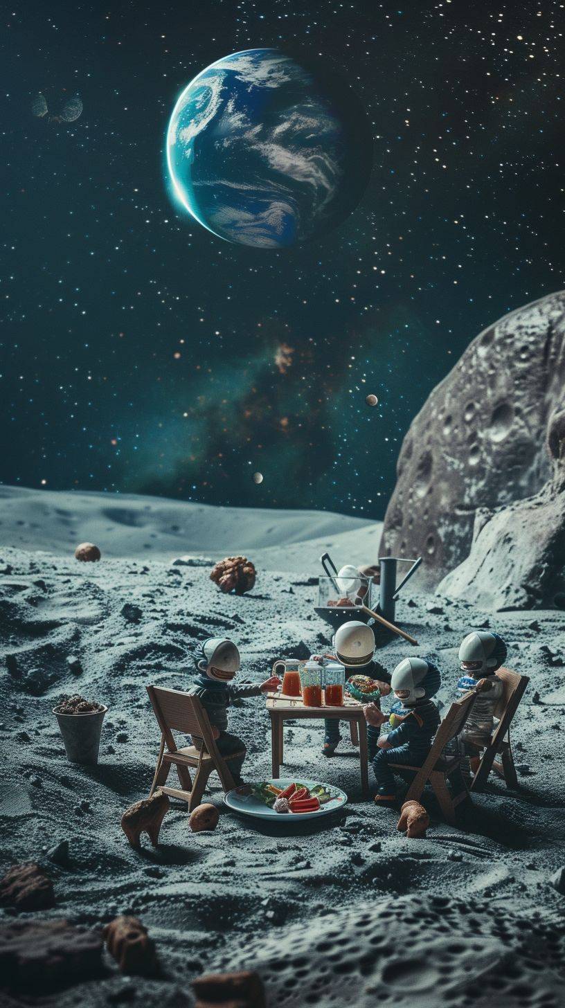 Subject - Aliens having a BBQ party on the Moon Style - Realistic Professional Photography: Emulating the aesthetic and atmosphere of a realistic scene featuring aliens on the Moon Setting - Lunar surface with Earth visible in the background, portraying an otherworldly atmosphere Composition - Featuring a group of aliens enjoying a BBQ party, with vibrant colors and a celebratory mood Camera Model - Canon EOS-1D X Mark III to capture high-quality, detailed images of the lunar scene and alien festivities Additional Info - The image aims to depict a realistic scene of aliens having a BBQ party on the Moon, complete with alien food and drinks, celebrating in a joyful atmosphere. --ar 9:16 --v 6