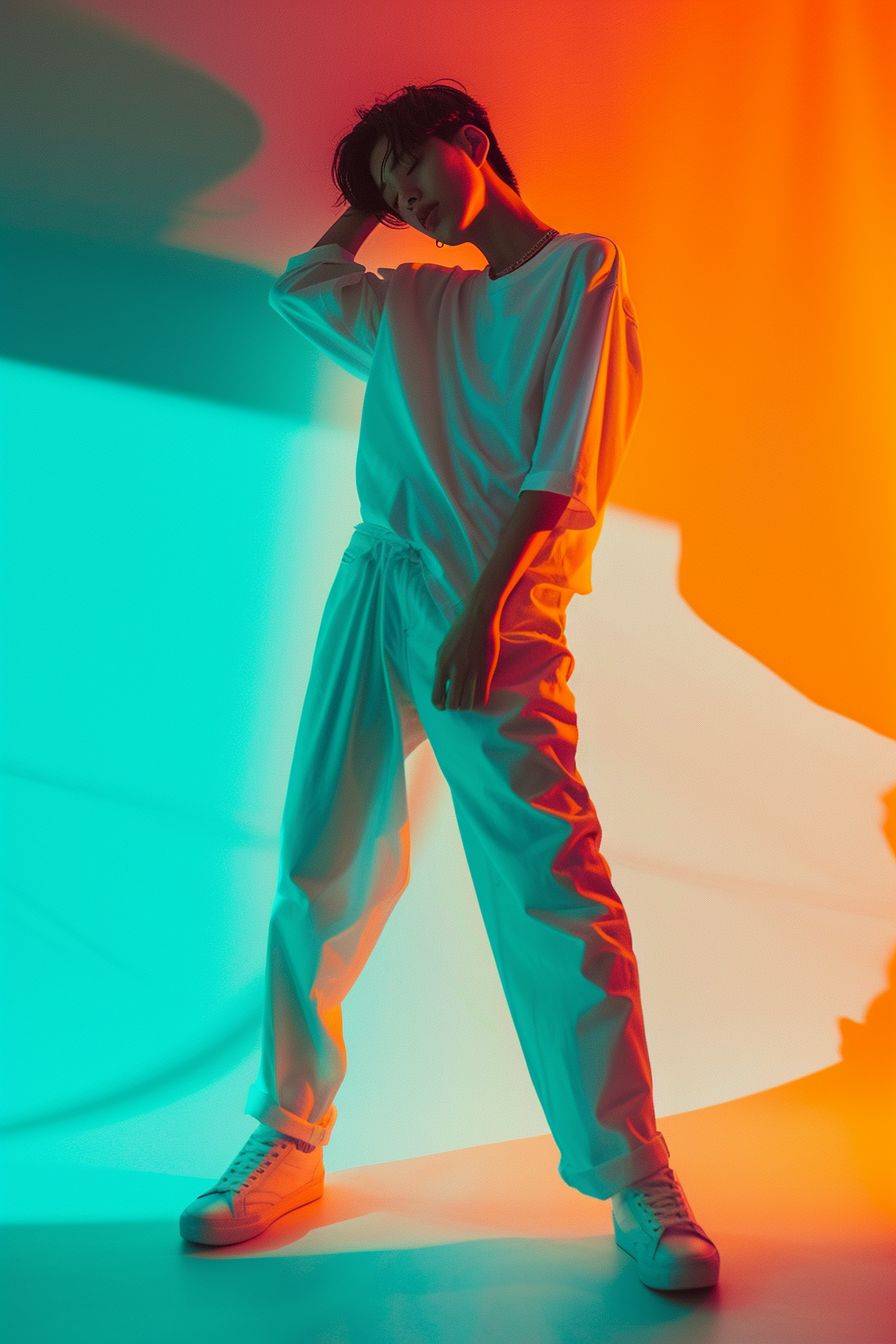 スタイルでポージングするフルレングスのジェンゼットボーイの写真。抽象的なプリズム照明で撮影したフルレングスのジェンゼットボーイの写真。