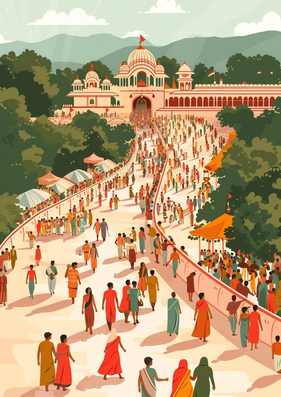 Flat design of India postcard with Puri Rath Yatra, modern, not too complex, 4k, epic composition, flat vector art illustration, long shot—no text, fonts, letters, words, watermark—aspect ratio 5:7—vertical 6