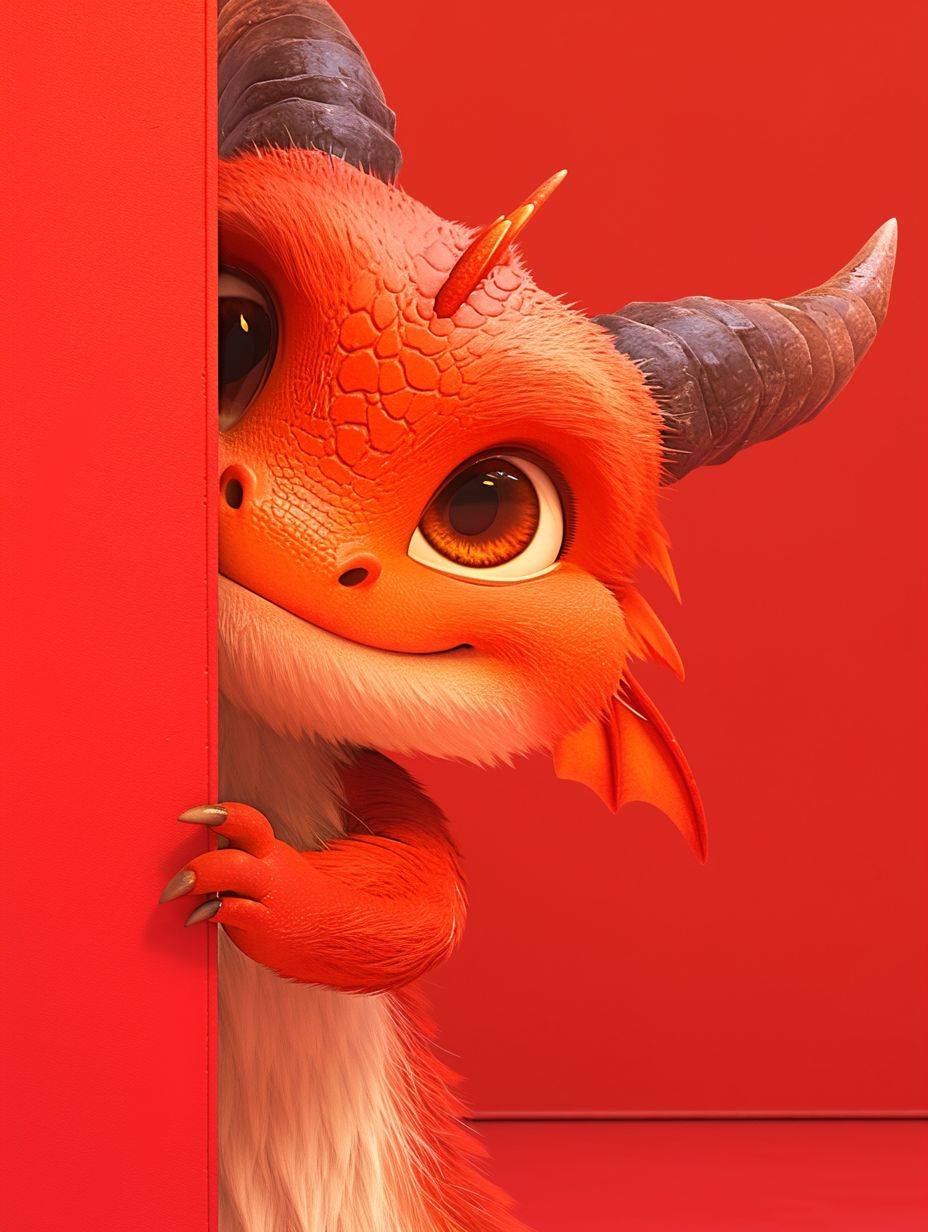 Pixar style, a cute red Chinese dragon hiding behind a red door, showing only its head, furry texture, cute and cute expression, Romantic style, simple clean light red background, movie lighting, volume light, soft and advanced colors, Bubble Mart, 3D, C4D, super detail, super precision