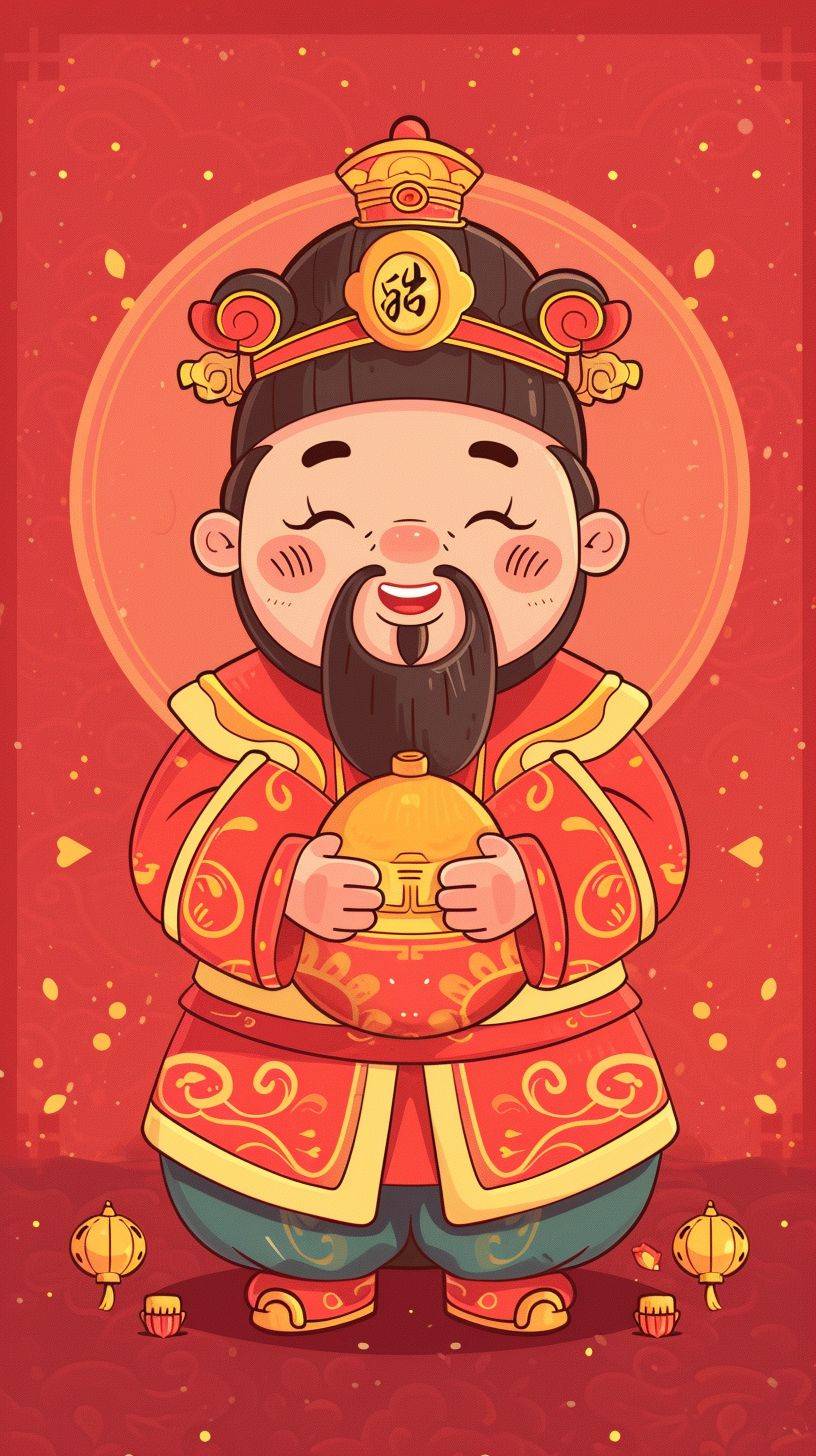 Cute Chinese God of Wealth, hand-drawn in a sketch style, holding a shiny large ingot in hand, with a smiling face. The artwork features a minimalist design with a simple and clean light red background. It is a full-body portrait with bright lighting and soft, sophisticated colors. The illustration is in a cartoon style with intricate details.