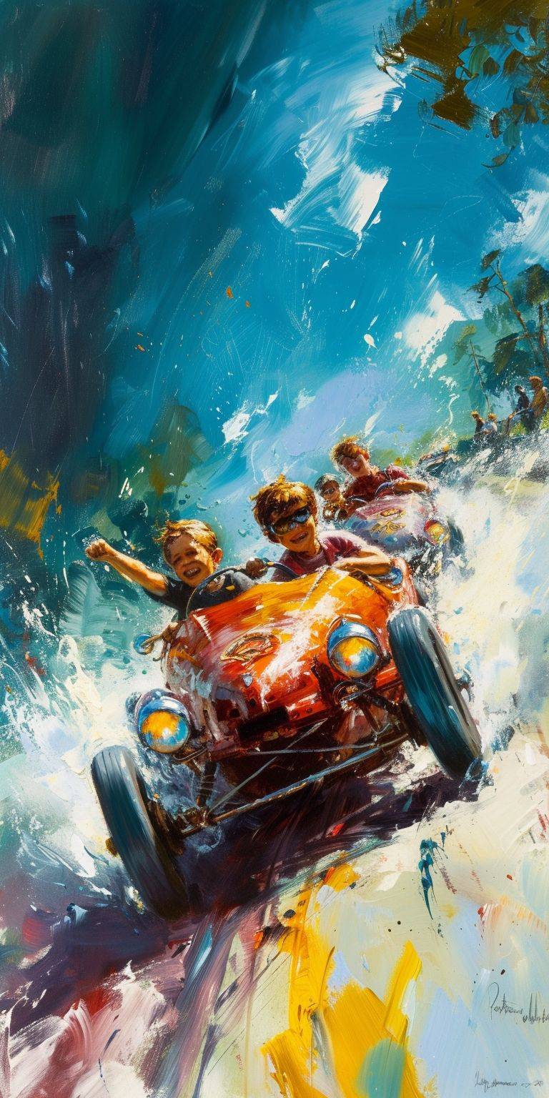 Children driving a soap box derby, action scene, vivid colors, wide angle, by Frank Frazetta and Arthur Adams