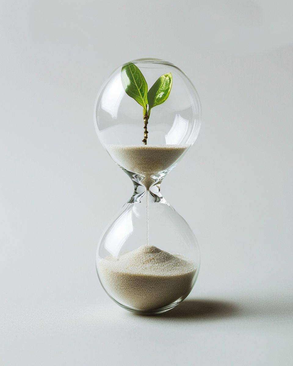 A close-up studio photograph of an hourglass on a white background, with a bud growing in the upper sand inside the hourglass.