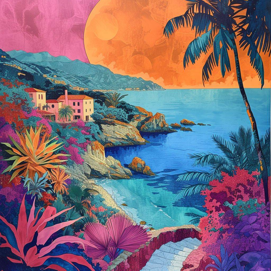 Amazing Landscape Pop Art Deco Painting, Maximalistic, Serene, stylized, Coastal Town, Watercolor ink paint, fuschia and peach color grading, highly detailed, volumetric, hyper realistic, 3D, award-winning, Sunrise, lovely