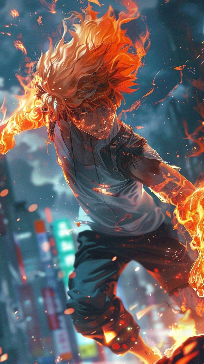 夕焼けオレンジの髪と火拳を持つアニメの少年、マラナオアート、ダイナミックなアクション、インテルコア、アウトラン、カラフル、濃い影