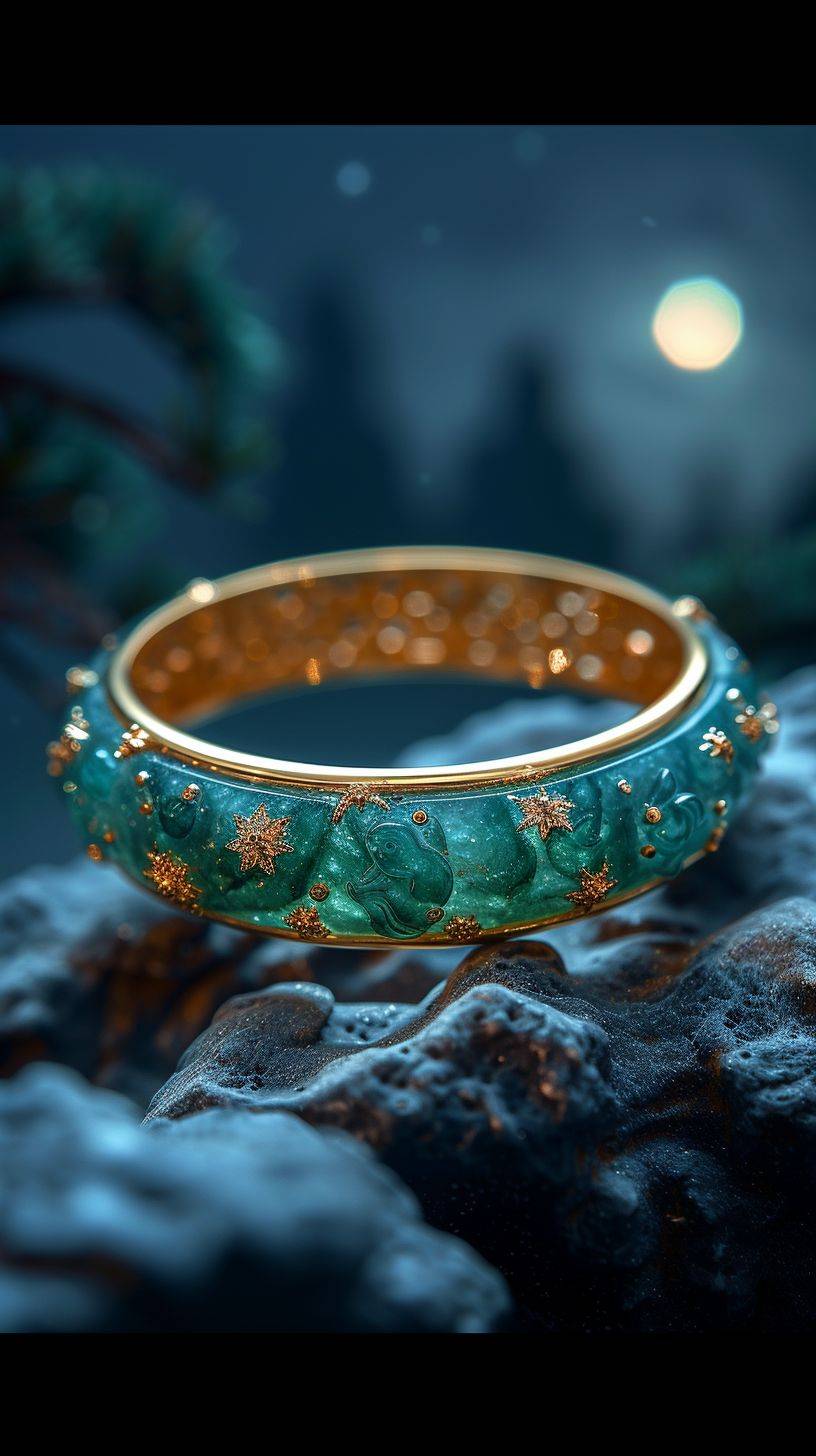 jewelry, jade rabbit gold bangle, under the moonlight, a delicate gold bangle wraps around a finely carved jade rabbit, the bangle emits soft moonlight, surrounded by the night's silence, background of a deep blue night sky and bright moon, the three view, masterpiece, best quality, highly detailed, 8k, rich background, 3d rendering, cg rendering, hyper-detailed rendering