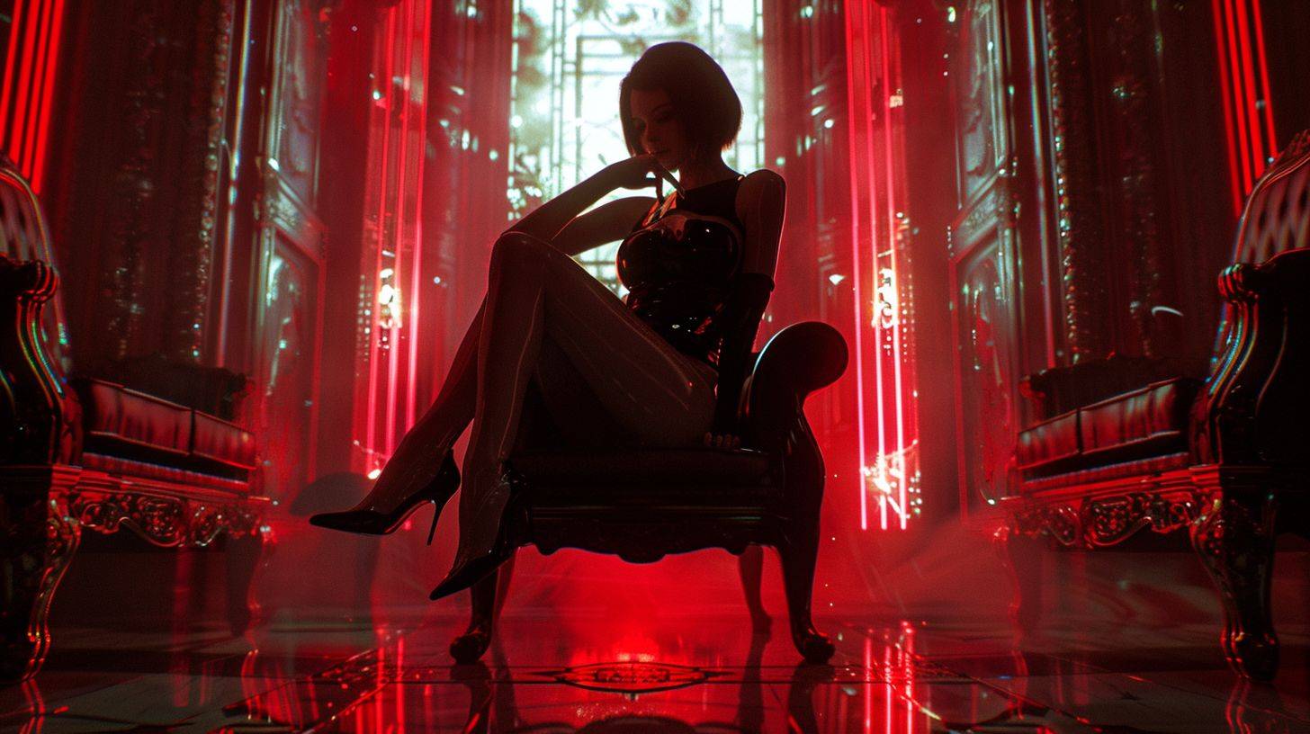 A woman sitting on a throne, in the style of dark gray and dark crimson, mechanized precision, UE5, matte photo, Nobuo Sekine --chaos 10 --aspect ratio 16:9 --stylize 150