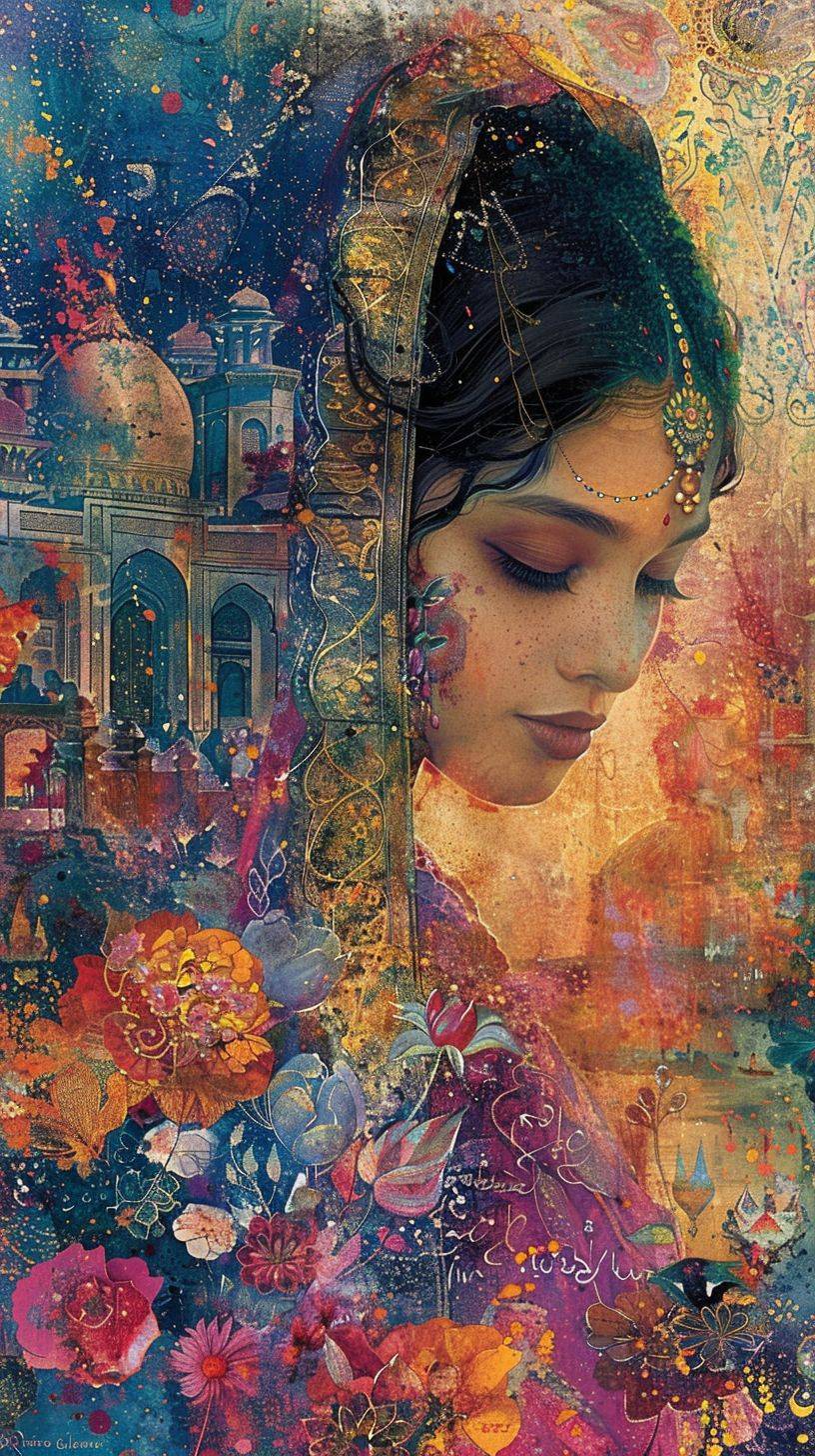 Colourful Mughal scroll painting, split image, an ethereal belly dancer, a rural fishing village, Naskh calligraphy, tenebrism, haunting, phone wallpaper --ar 9:16 --stylize 250