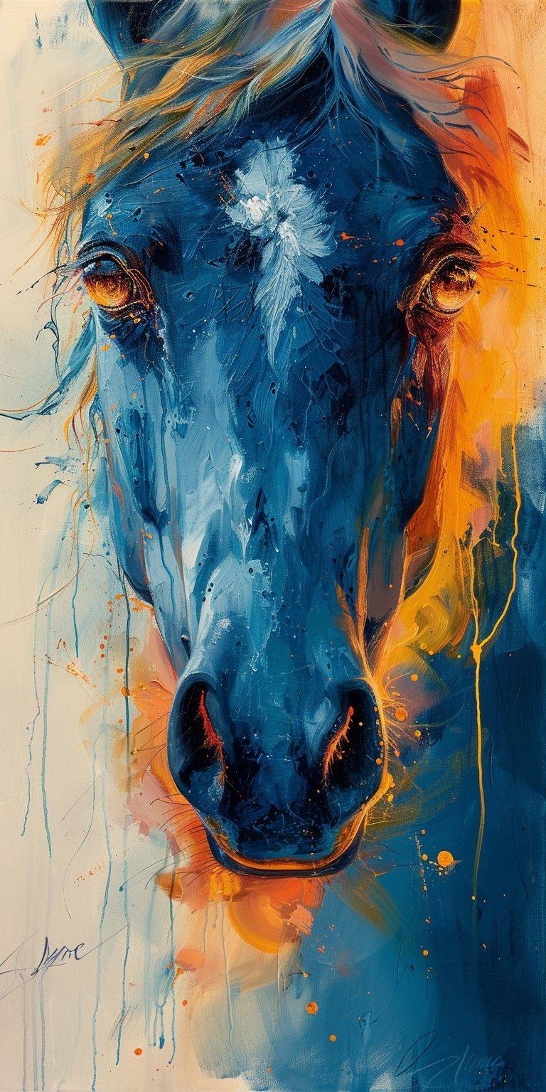 馬の絵画は美しさと夢、エネルギー、想像力が融合しています。それは間近で個人的です。凄まじく素晴らしいもの。夢は畏敬と喜びをもたらします。この夢こそが、私たちの共有する未来を可能にするものです。美しい夢想家。ターコイズ、オレンジ、コバルトブルーの油絵