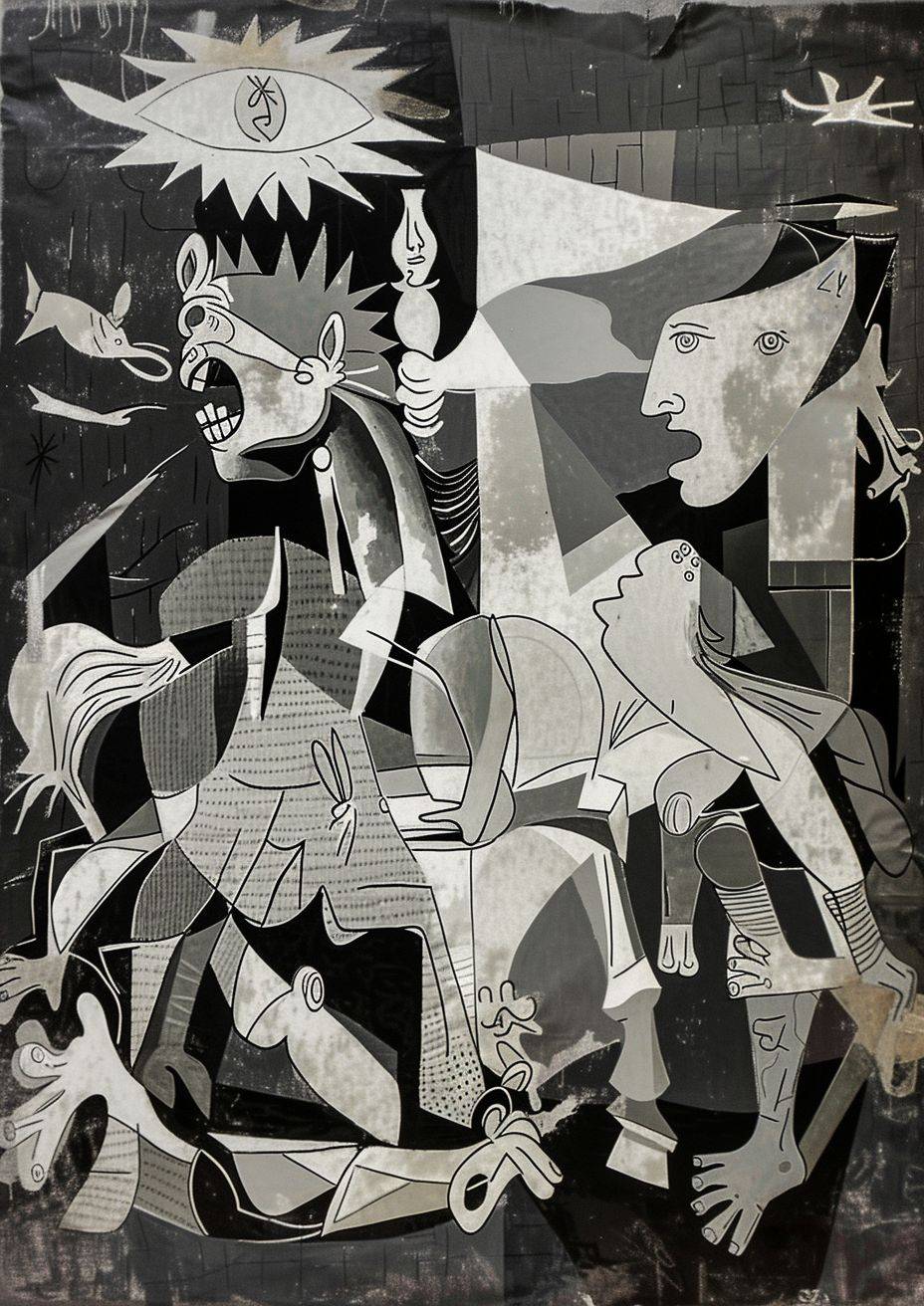 Paint in the style of Pablo Picasso, a group of people in a house music party, with a DJ table at the center of the painting. Add some New Year elements, and use the same black and white color scheme as Picasso's Guernica.