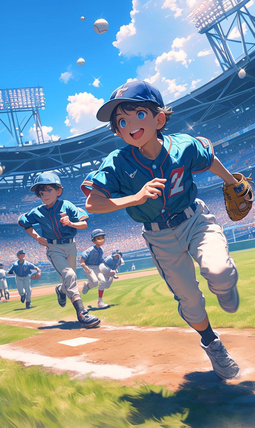 Cartoon poster, young players running on the baseball field, training in the baseball field, wearing baseball uniforms, baseball caps, holding baseball bats, anime cartoon, Shinkai style