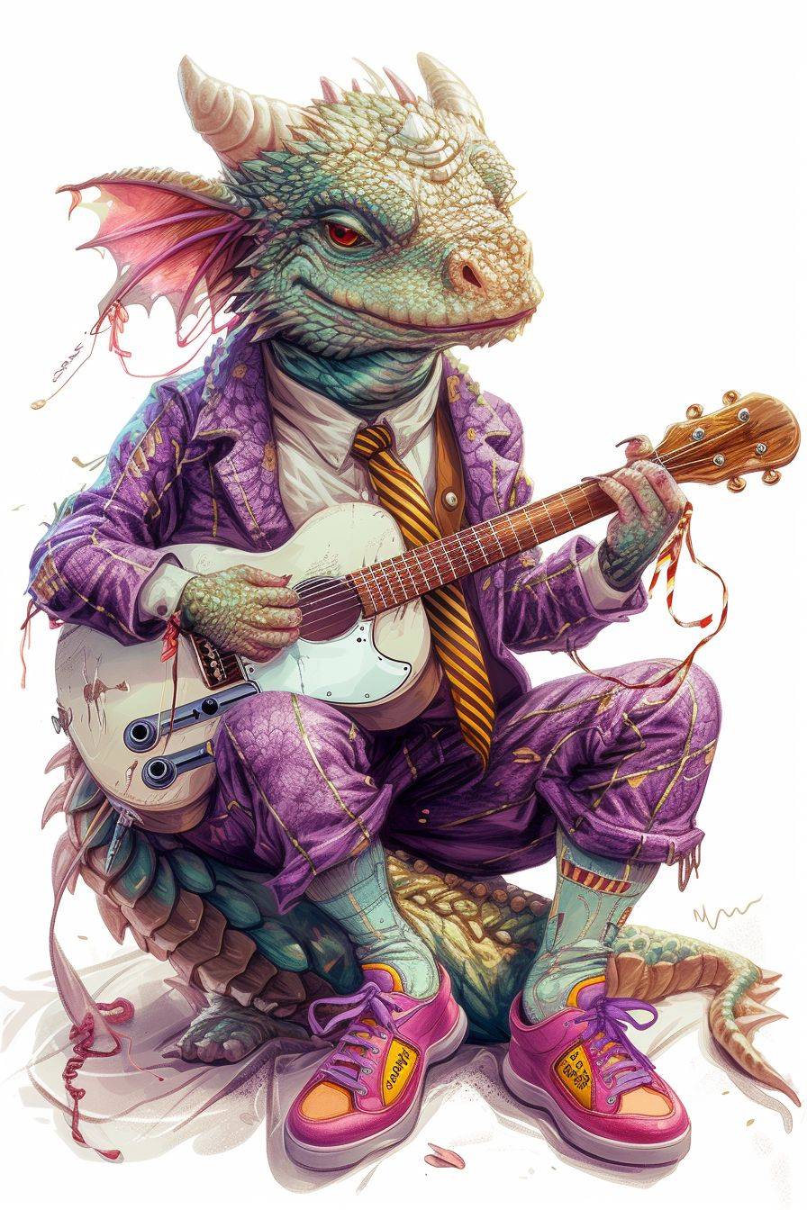 Character drawing on white background, a Chinese Dragon sitting playing music with a Guitar, wearing a purple suit with yellow stripes and pink sneakers, --chaos 5 --ar 2:3 --v 6 --stylize 250