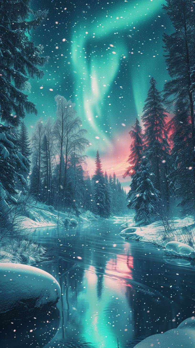 ロマンチックな冬の夜景で、オーロラが描かれ、感情的なロマン主義の雰囲気と未来主義の線形なエネルギッシュなスタイルが融合しています --ar 9:16 --v 6