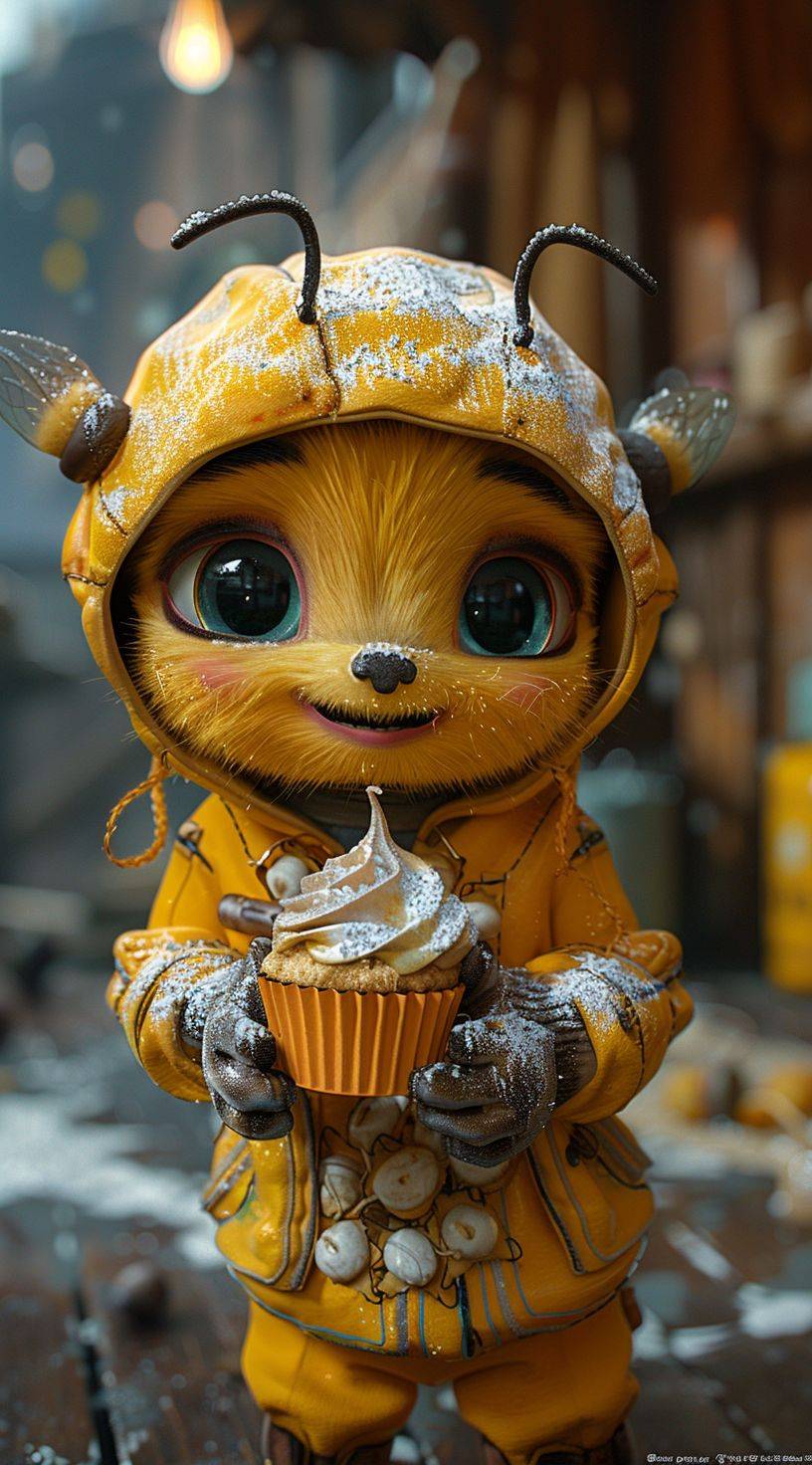 Create a 3D model of a cartoon bee in yellow outfit holding a cupcake, in the style of Ilya Kuvshinov, Seth MacFarlane, meticulous photorealistic still lifes, David Teniers the Younger, charming character illustrations, using screen tones, 32K UHD at the aspect ratio 71:128