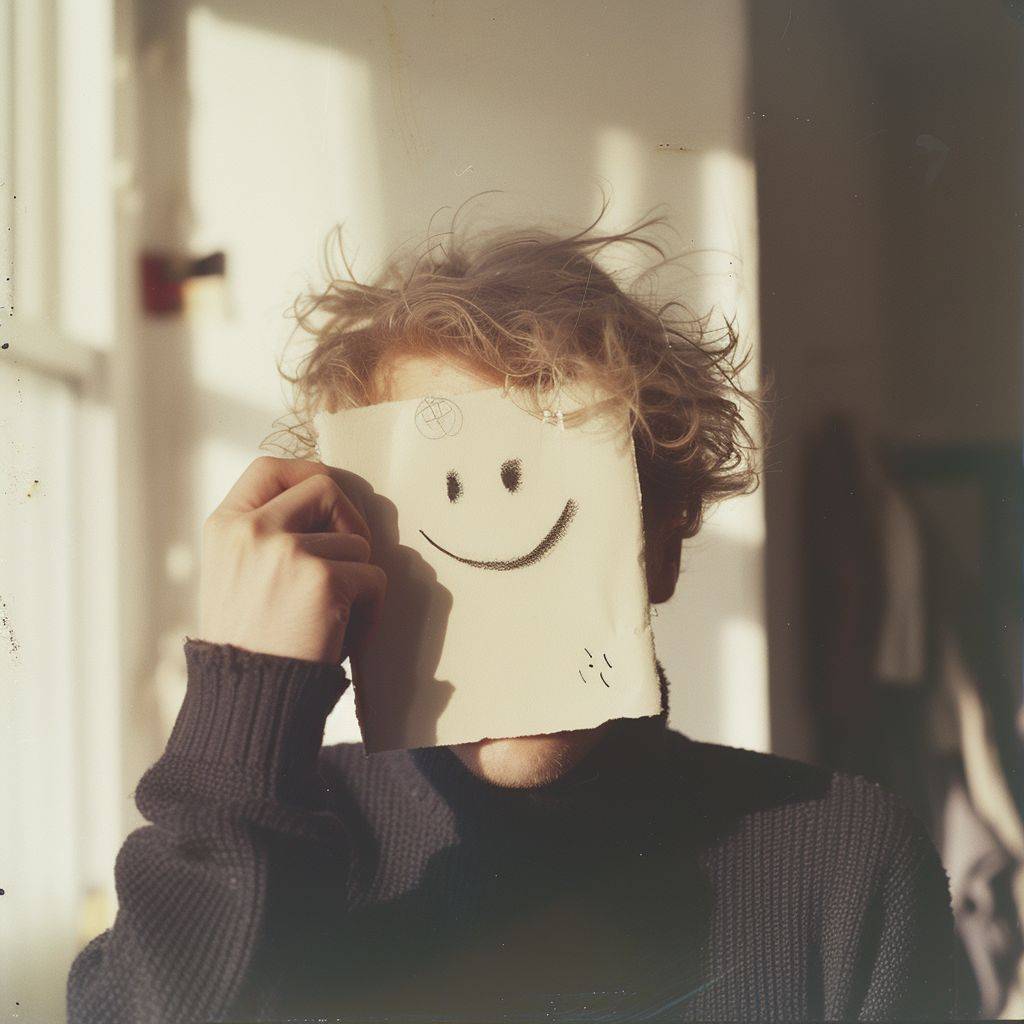 Blurry snapshot of a 35 year old handsome male model, messy blonde hair, covering face with a piece of paper with a smiley face drawn on it, 1980, disposable camera photo.