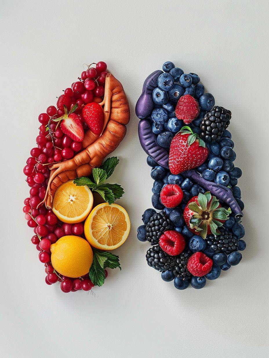 A photorealistic image of two [FRUIT/VEGETABLE] pieces placed side by side on a white background, resembling the shape of human lungs.