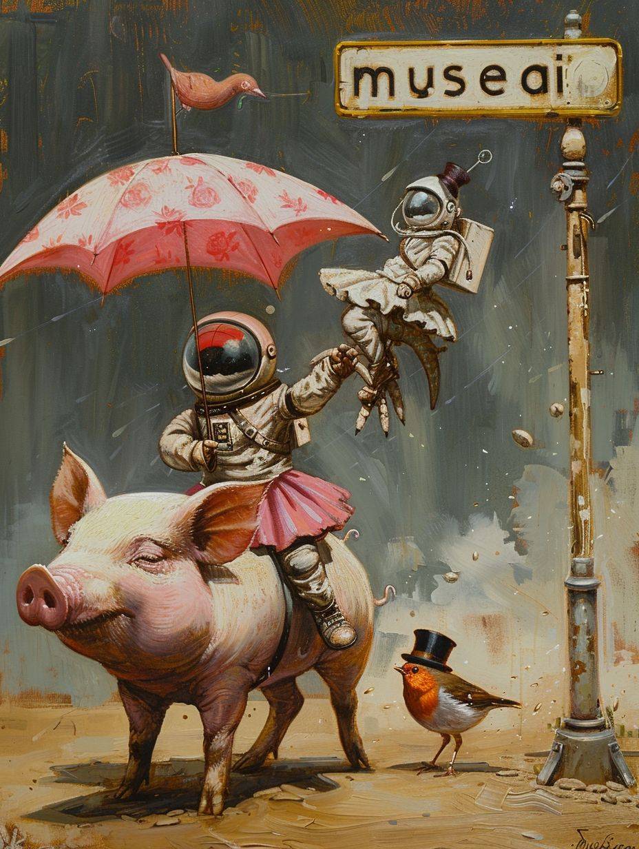 A painting of an astronaut riding a pig wearing a tutu holding a pink umbrella. On the ground next to the pig is a robin bird wearing a top hat. In the corner are the words 'musesai' --ar 3:4