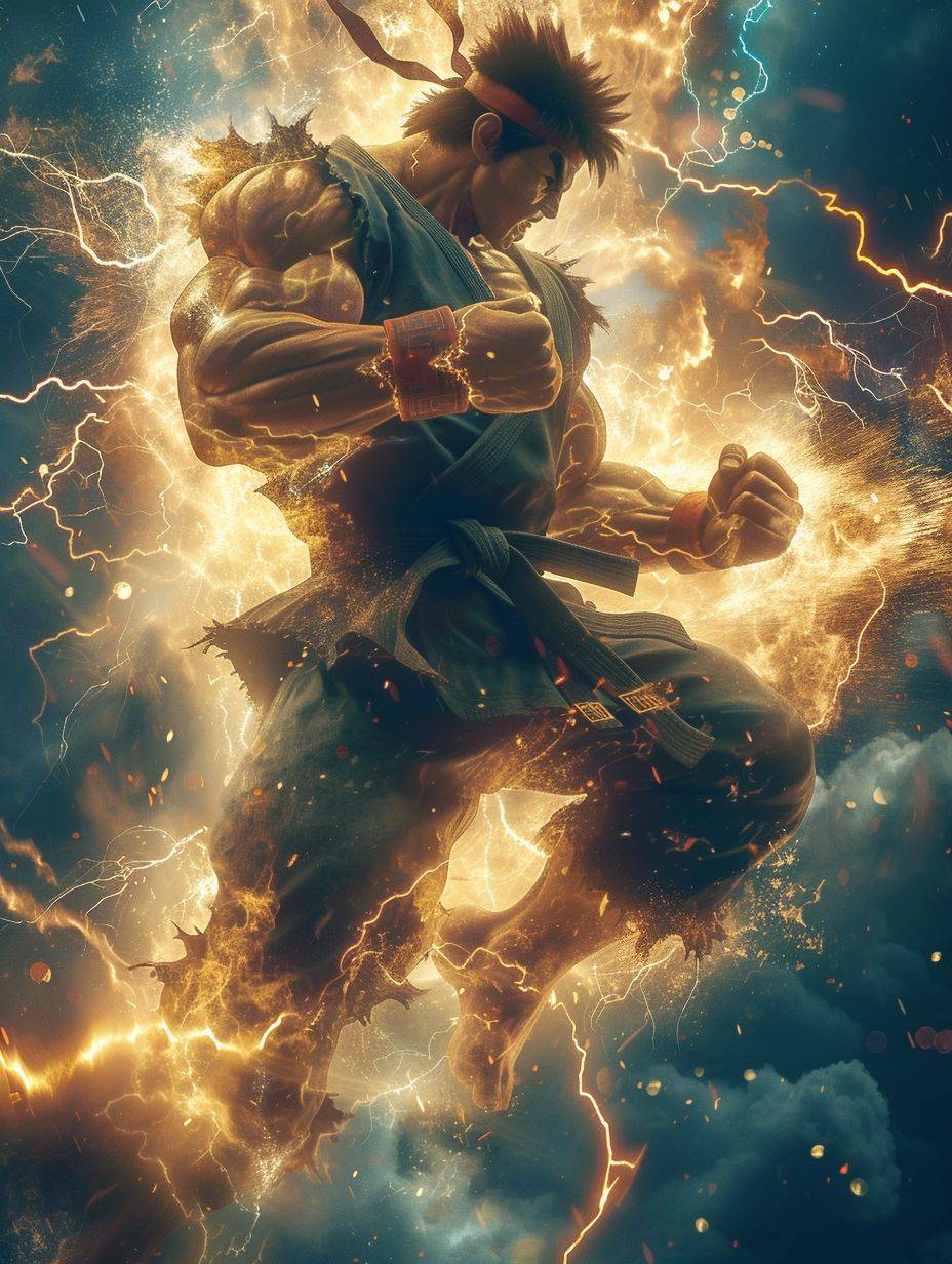[Subject], immersed in a surge of intense [power description]. The explosive scene amplifies his brawling strength and heroic charisma. Intensity, Strength, Explosion, Passion, epic action, cinematic lighting, dazzling composition
