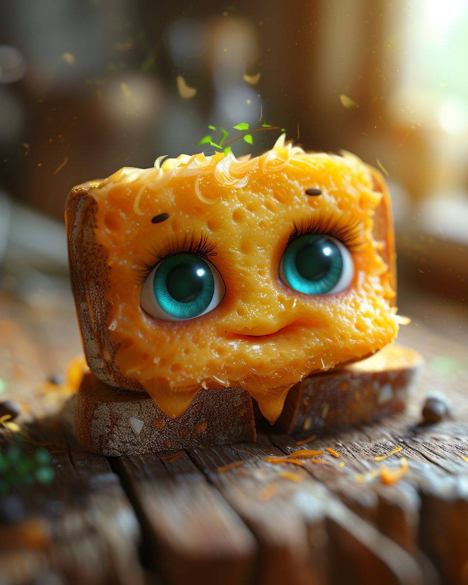 Toast with big blue eyes, made of cheese, cute with a strong happy facial expression, in the style of unreal engine 5, tilt shift, raw style, aspect ratio 4:5, field of view 6, stylize 550