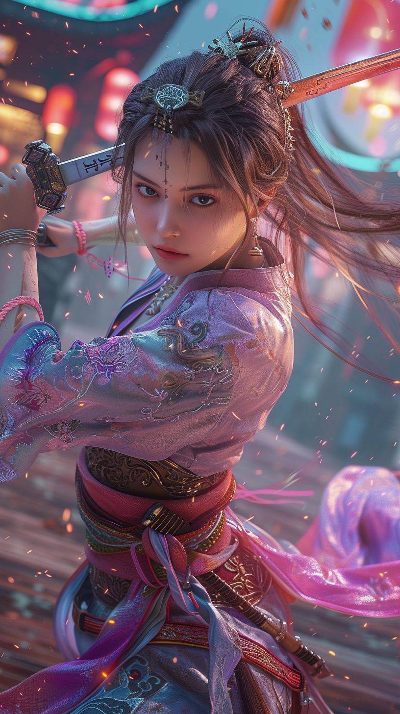 A young girl dressed in ancient Chinese clothing, full body, Asian, holding a blade, dancing, martial arts and fairy-like vibe, game character, surrounded by runes, cyberpunk style, neon lights, best quality, masterpiece, CG, HDR, high-definition, extremely detailed, photorealistic, epic, detailed face, pretty, detailed UHD