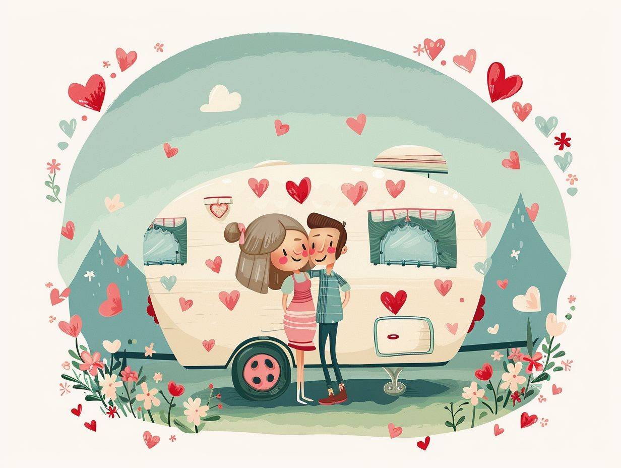 funny cartoon Valentines Day modern cute caravan and couple, around hearts and flowers,