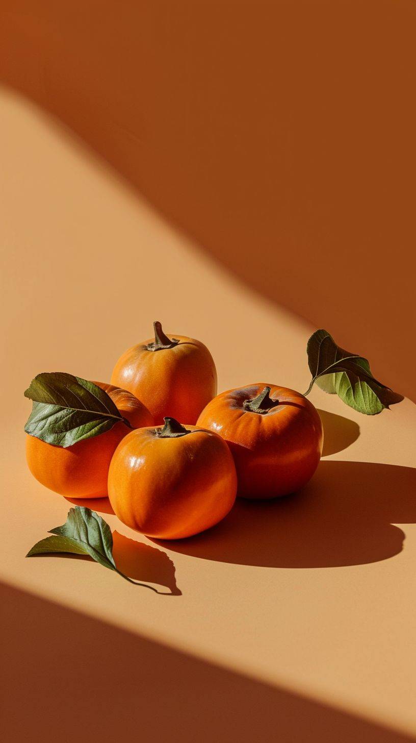 Persimmons on the table, persimmon poster, sunshine light, rainbow, dreamy, solid color background, light orange background, gorgeous colors, minimalism