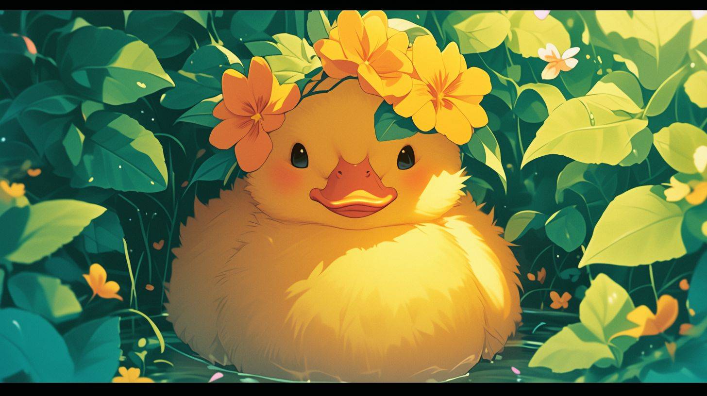 Chibi anime, an image of a charming duckling nestled among lush green mint leaves. The duckling has a soft yellow plumage that radiates a sense of warmth and innocence. Atop its head sits a whimsical hat shaped like a vibrant orange flower with petals elegantly unfurling. The flower hat adds a playful contrast to the duckling’s color, making it appear as if it’s part of a fairytale. The background is a natural setting, where the freshness of the mint leaves suggests a hidden garden. The scene should evoke a feeling of enchantment and delight, capturing the duckling’s serene expression as it sits quietly, blending into its verdant environment yet standing out with its unique floral adornment.