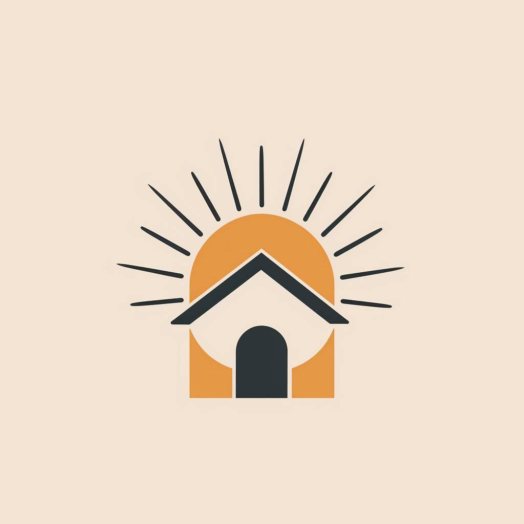 Minimalist logo featuring the silhouette of a house's roof with the sun rising directly behind it, solid color for the house, no windows or doors, subtle roof outline, dynamic sun rays emphasizing the roof's edge, conveying warmth, renewal, and home comfort, clean and simple design.