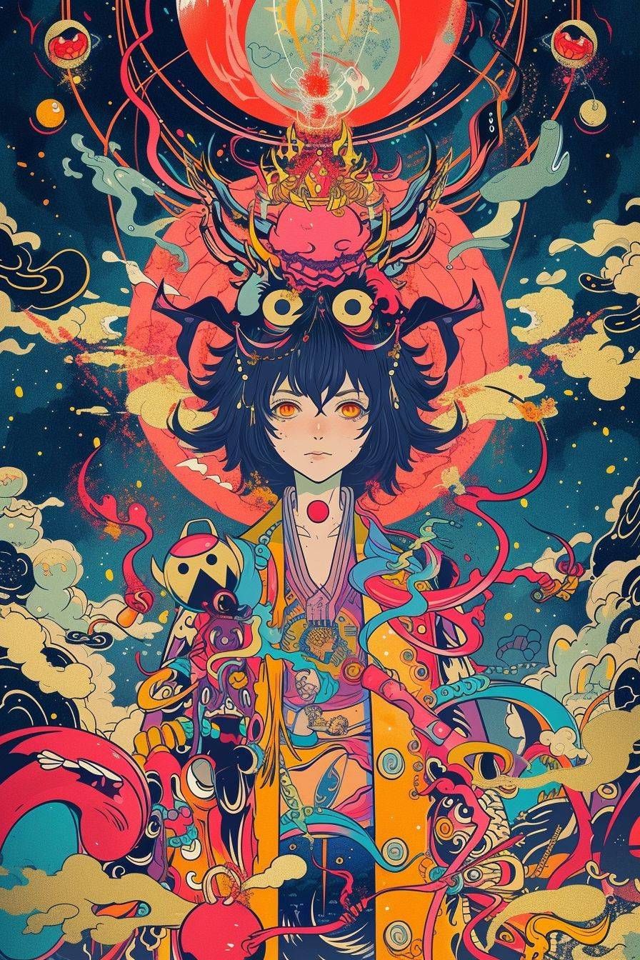 Vintage anime characters poster with fractal patterns and psychedelic elements