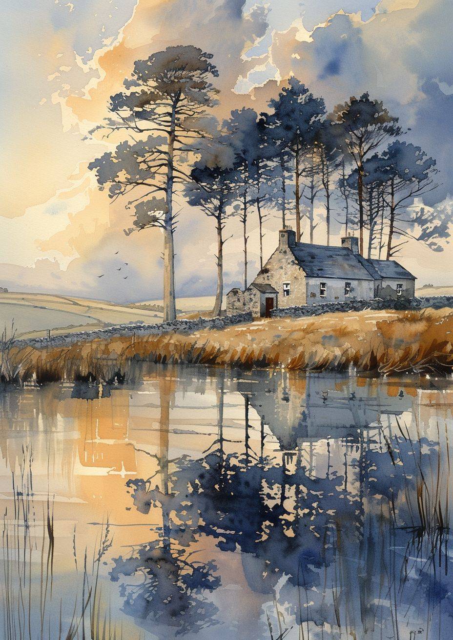 Create a beautiful Irish landscape watercolor painting using the rule of thirds