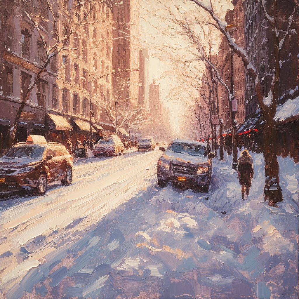 16-bit oil painting, pixel-like brushstrokes, nostalgic scene, a beautiful sunny winter day in New York, soft lighting, timeless atmosphere