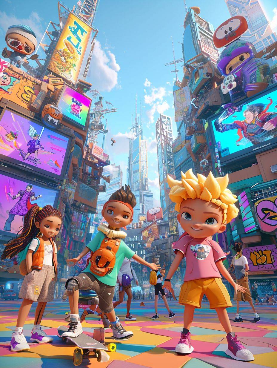 A lively and captivating CG cartoon scene showcasing modern character IPs in a bustling urban setting. Picture a group of diverse, adorable characters, each with their own unique style and personality, gathered in a vibrant city park. Among them, a tech-savvy girl with futuristic gadgets, a charismatic boy with a skateboard, and a creative artist painting a mural. The background is a lively cityscape with skyscrapers, digital billboards, and neon lights. The atmosphere is energetic and trendy, highlighting each character's distinctiveness and the dynamic nature of contemporary life.