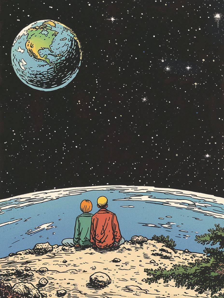 色彩、ペンとインク、エルジェ（Hergé）のイラスト、背景は宇宙と地球。悲しい男性と幸せな女性