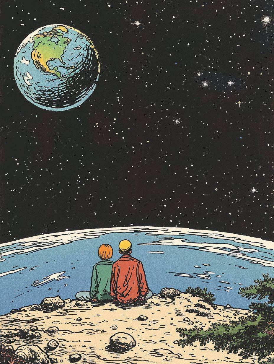 Color, pen and ink, illustrated by Hergé, background of space and earth. A sad man and a happy woman