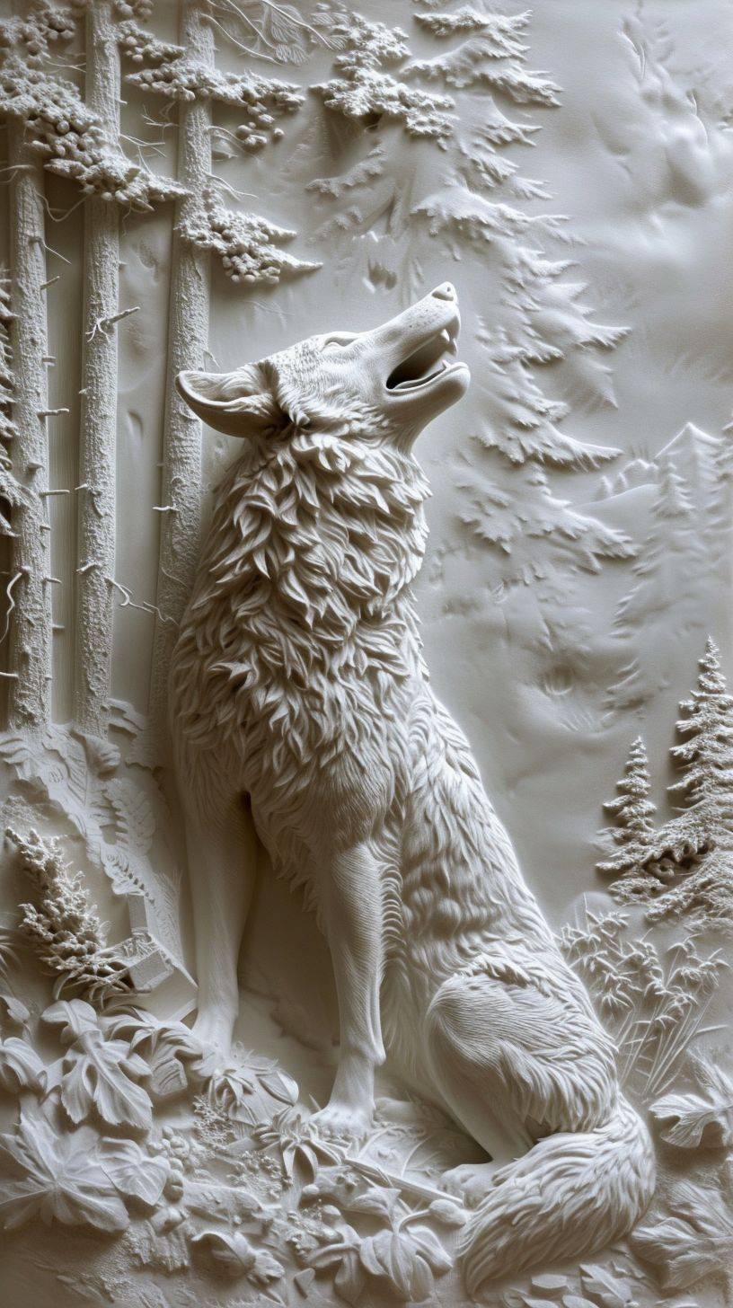 bas-relief, forest, wolf far away, epic, side view, gypsum, masterpiece