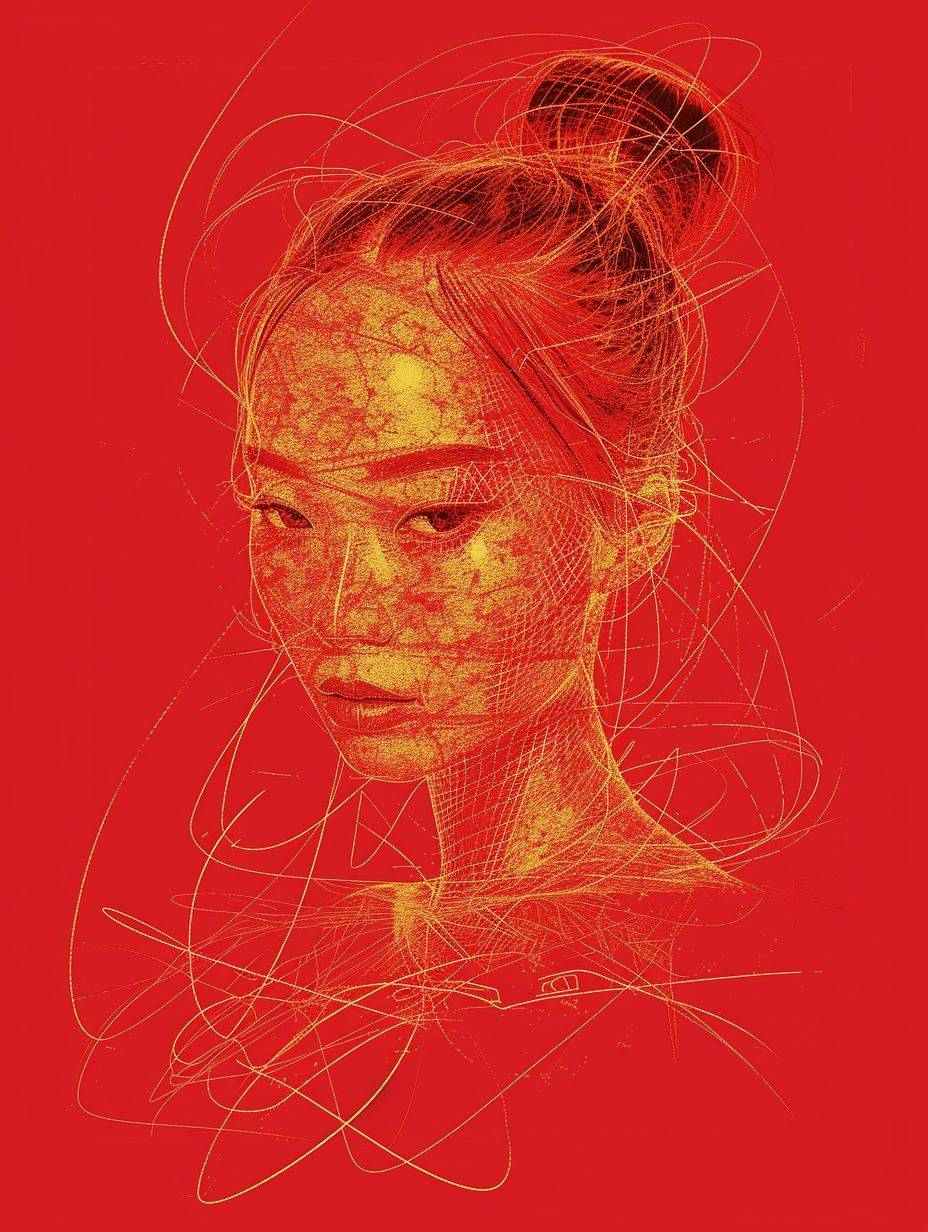 Andaluz's design is inspired by a Chinese girl. Sprinkled with golden lines, deconstructed minimalist thin line drawing. Pure red paper, fractal split effect. High fashion style of Dolce Gabbana and Balenciaga.