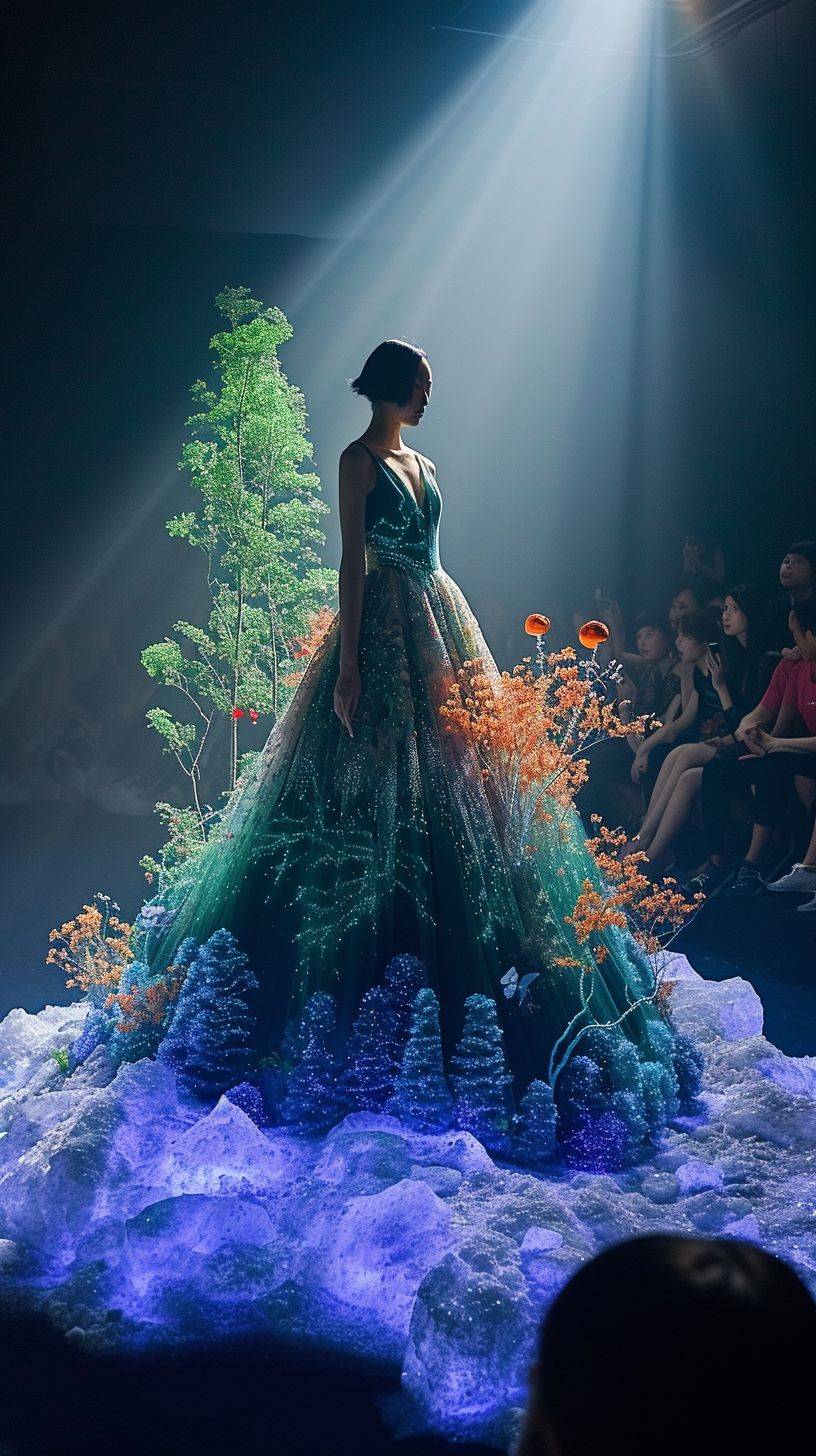 Fashion show with audience, the model is wearing a long dress in a shape of miniature waterfall. The dress features mountains, bioluminescent trees, blooming trees and flowers, butterflies and mushrooms.