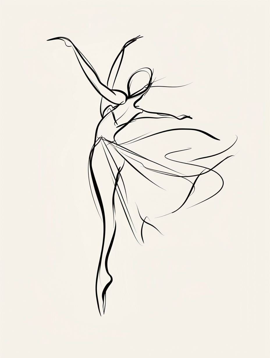 An ultra minimalist artwork featuring a simple single continuous thick outline depicting a ballet dancer in white background