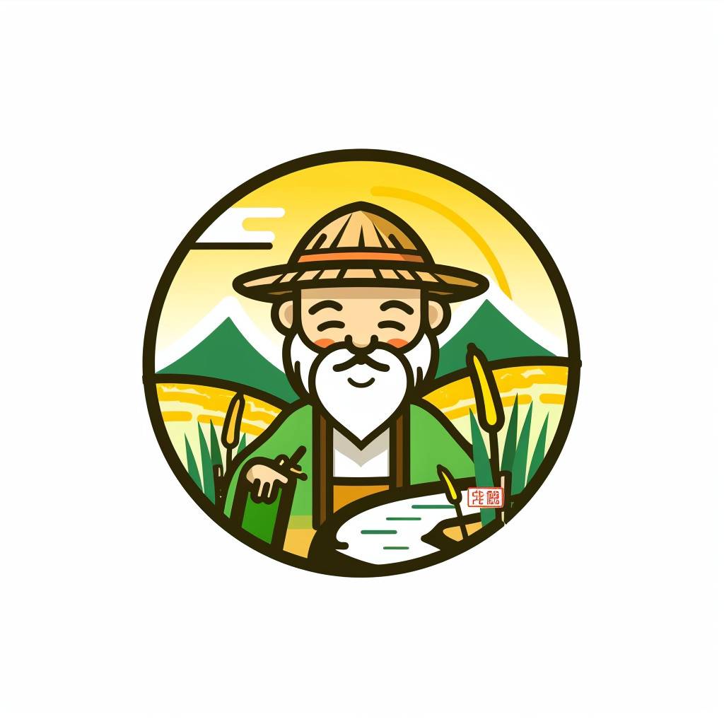 Cartoon logo, design a rice logo called musesai incorporating elements of fields and flowing water. There is an old man farming inside, appropriately incorporating grain elements. There is a rural gate element, using green and yellow, and adding a little blue, low saturation, lively, preferably with landscape elements, white background, minimalist style, Japanese style.